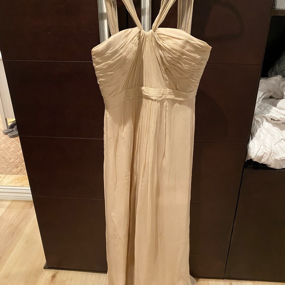 Amsale silk crinkle chiffon in fawn